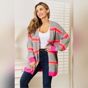 Woven Right Designer Gray and Pink Ribbed Long Sleeve Cardigan Sweater